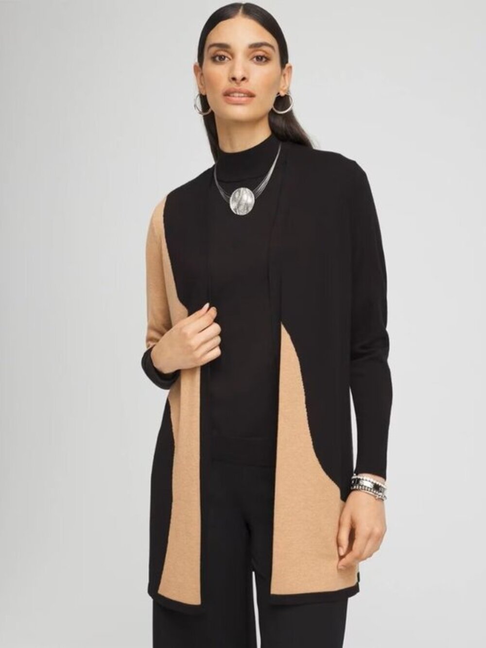 NWT Chico's Intarsia Colorblock Open Cardigan Brown Black Sz 1 / M